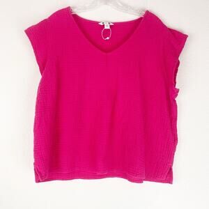 Three Dots Shirt Extra Large Cotton Gauze Pink‎ V-neck Short Sleeves XL